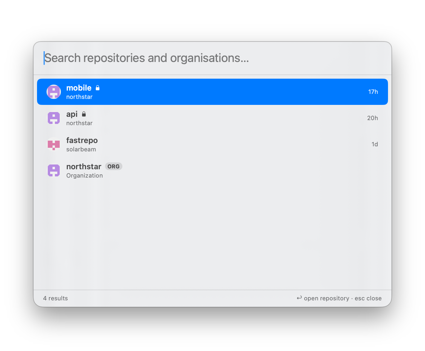 FastRepo searching GitHub repositories and organisations